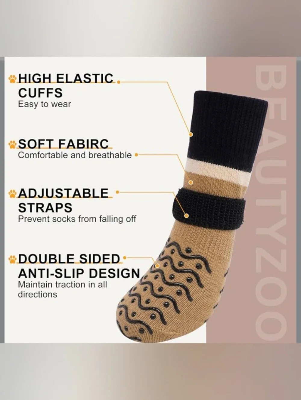 Double Side Anti-Slip 🐶 Dog Socks Paw 🐾 Protection Khaki Size S
